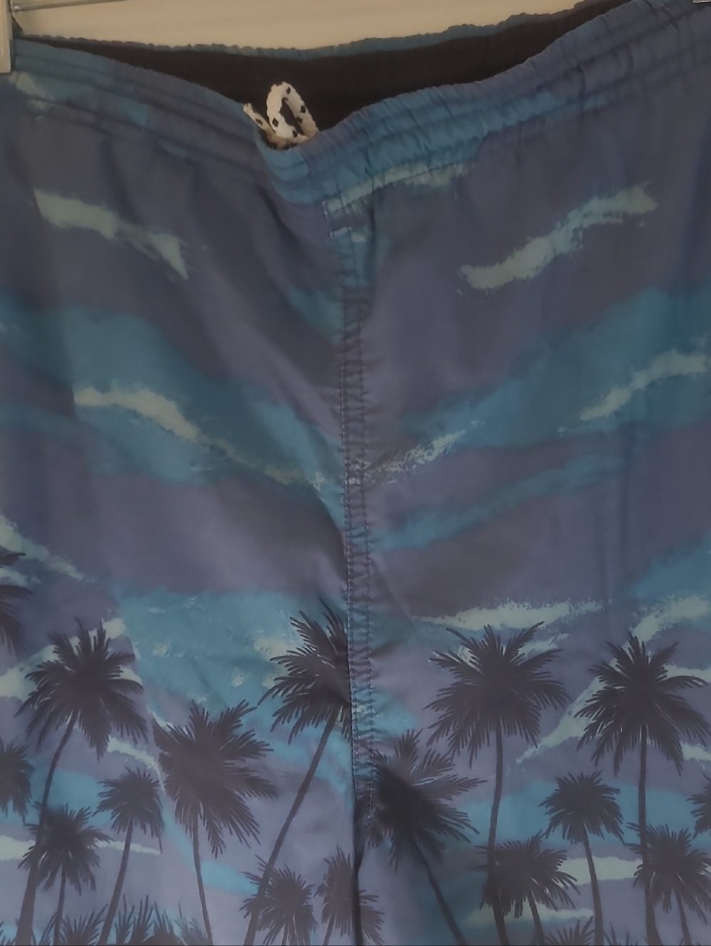 Men's Cheetah Brand Blue Palm-Print Swim Shorts With Back Pocket.